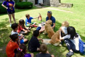 Group of campers sitting with Tom Richards and two of Nellie's dogs